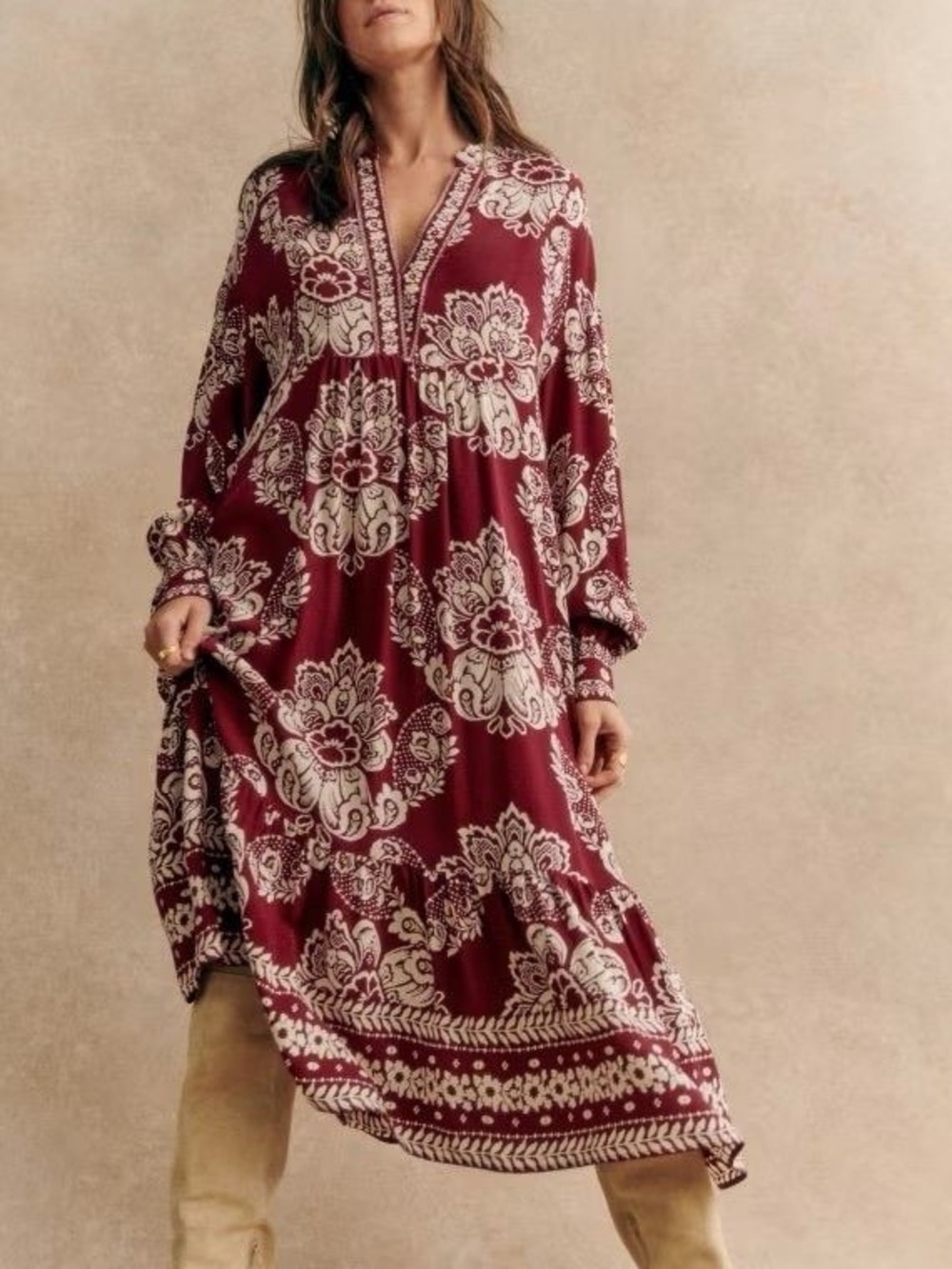 SEZANE Burgundy Red Cream Boho Floral Printed Long Sleeve Boheme Midi Maxi Dress